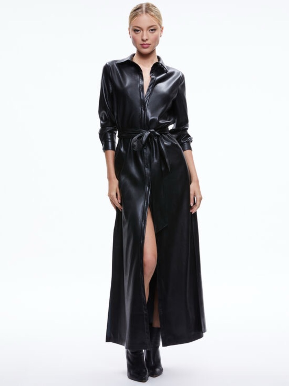 NWT Alice + Olivia Black faux Leather Maxi Shirt Dress with belt sz 6